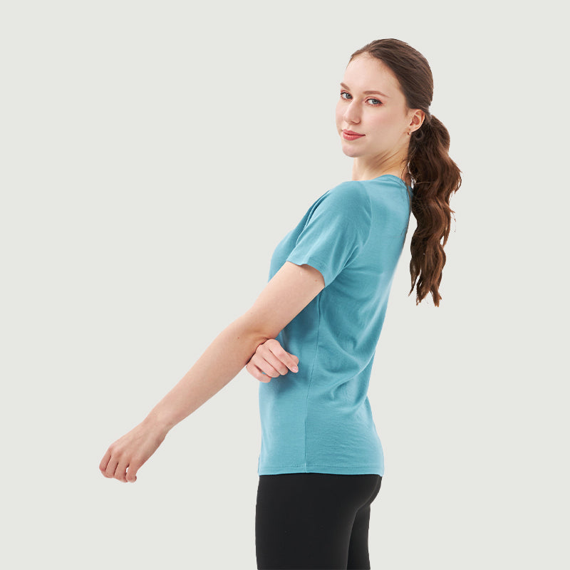 Damen-T-Shirt mit V-Ausschnitt, 100 % Merinowolle, Schwarz – MT10 