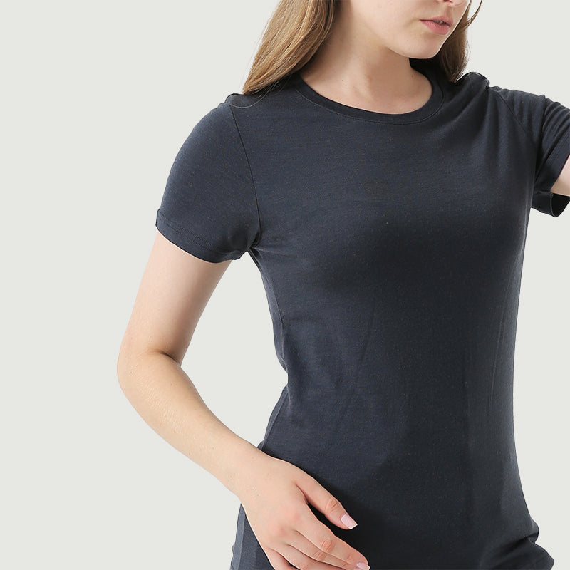 T-Shirt für Damen, 100 % Merinowolle, Schwarz – MT02 