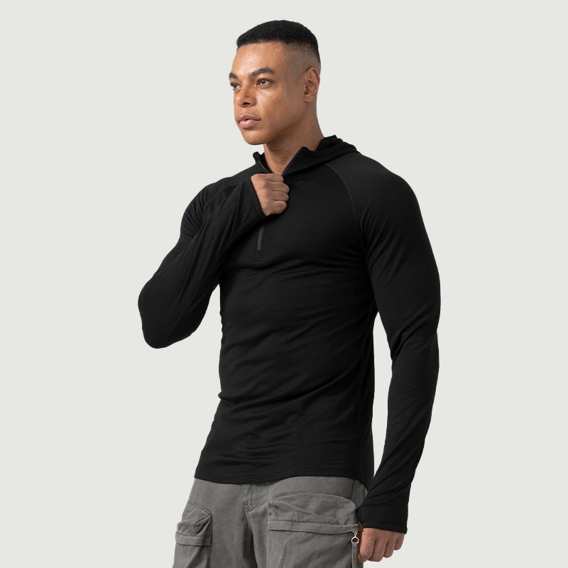 Baselayer für Herren, 100 % Merinowolle, 1/4-Reißverschluss, Schwarz – MT08 