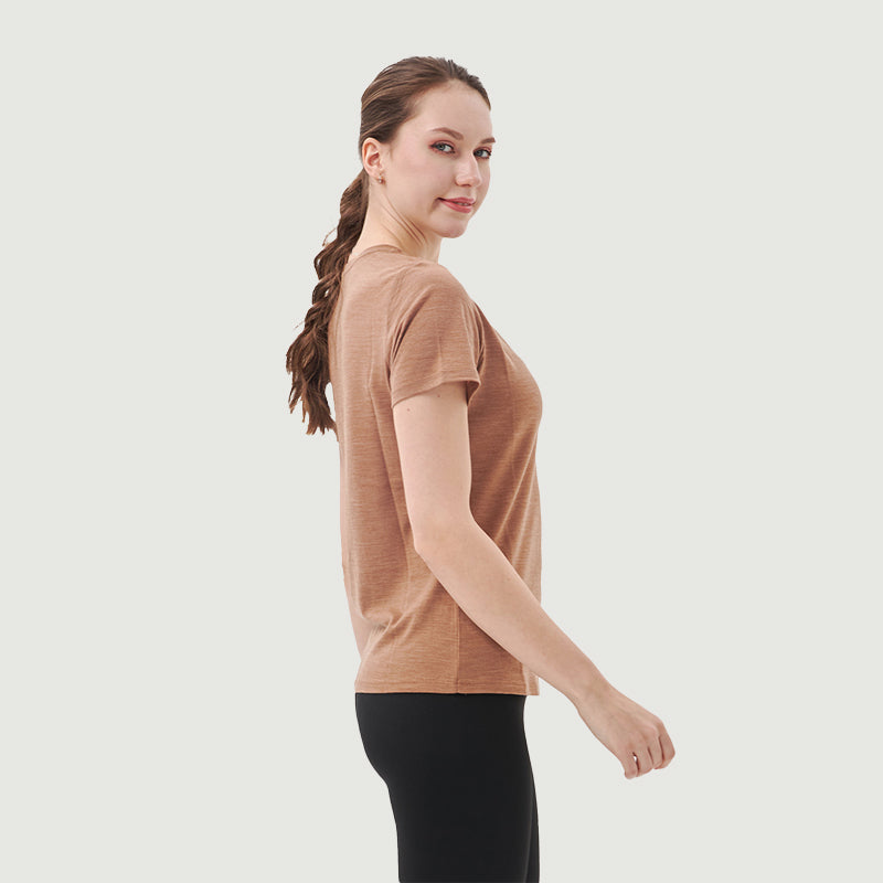 Damen-T-Shirt mit V-Ausschnitt, 100 % Merinowolle, Schwarz – MT10 