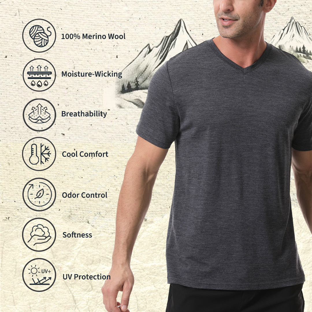 Men's  Merino 170g V-Neck  Short Sleeve T-Shirt Dark Grey Heather