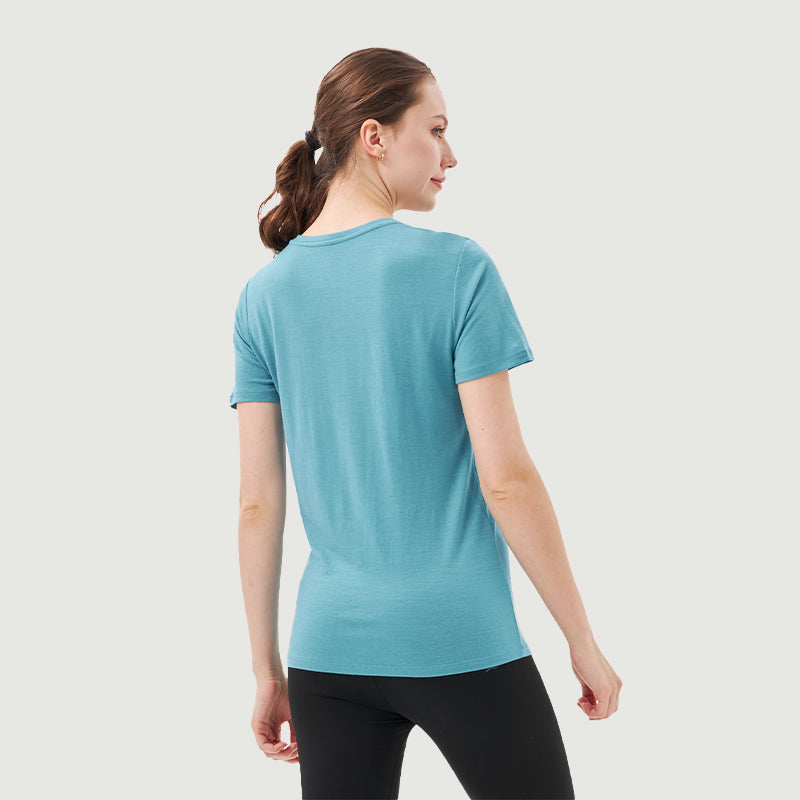 Damen-T-Shirt mit V-Ausschnitt, 100 % Merinowolle, Schwarz – MT10 