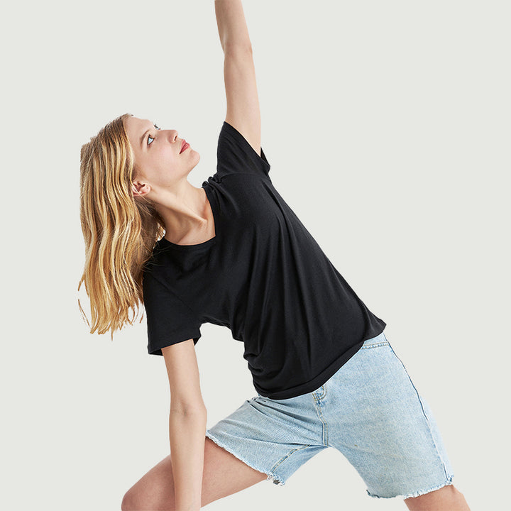 Damen-T-Shirt mit V-Ausschnitt, 100 % Merinowolle, Schwarz – MT10 