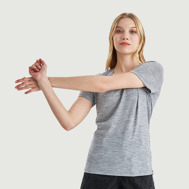 Damen-T-Shirt mit V-Ausschnitt, 100 % Merinowolle, Schwarz – MT10 