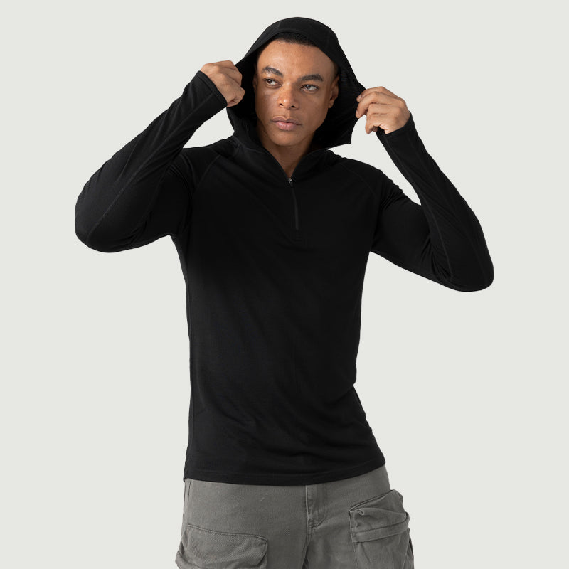 Baselayer für Herren, 100 % Merinowolle, 1/4-Reißverschluss, Schwarz – MT08 