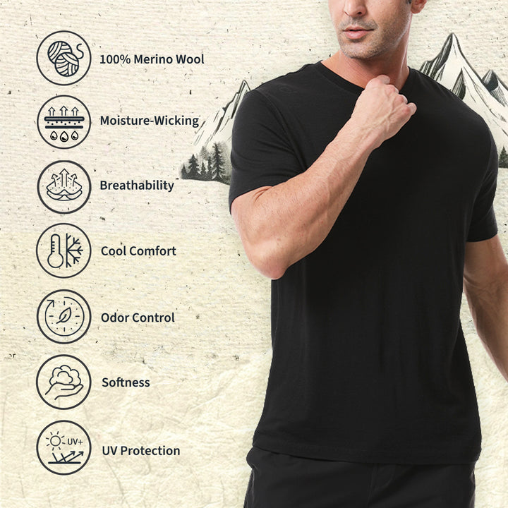 Men's  Merino 170g V-Neck  Short Sleeve T-Shirt Black