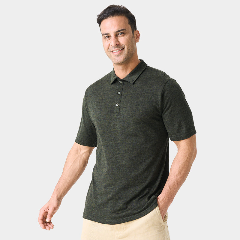 Male model wearing white merino wool polo shirt, featuring flexible fit, short sleeves, three-button placket, and stand-up collar for sun protection.
