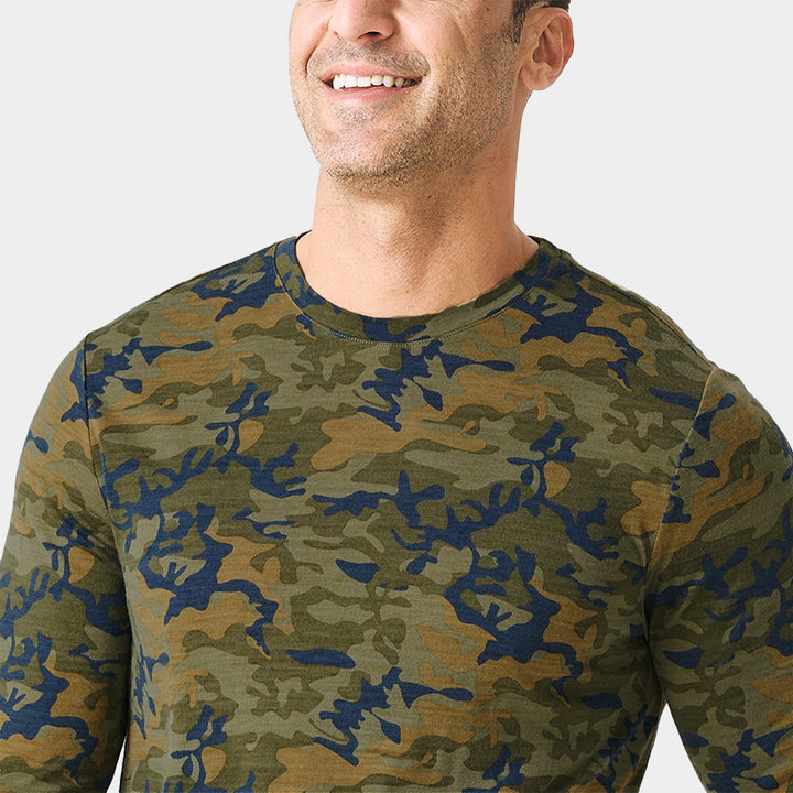 Male model wearing a lightweight Merino wool long sleeve crew base layer top, breathable and comfortable, shown in Camo.