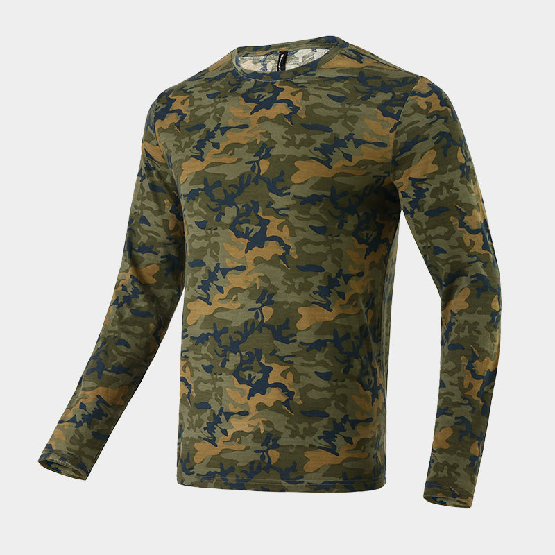 Male model wearing a lightweight Merino wool long sleeve crew base layer top, breathable and comfortable, shown in Camo.
