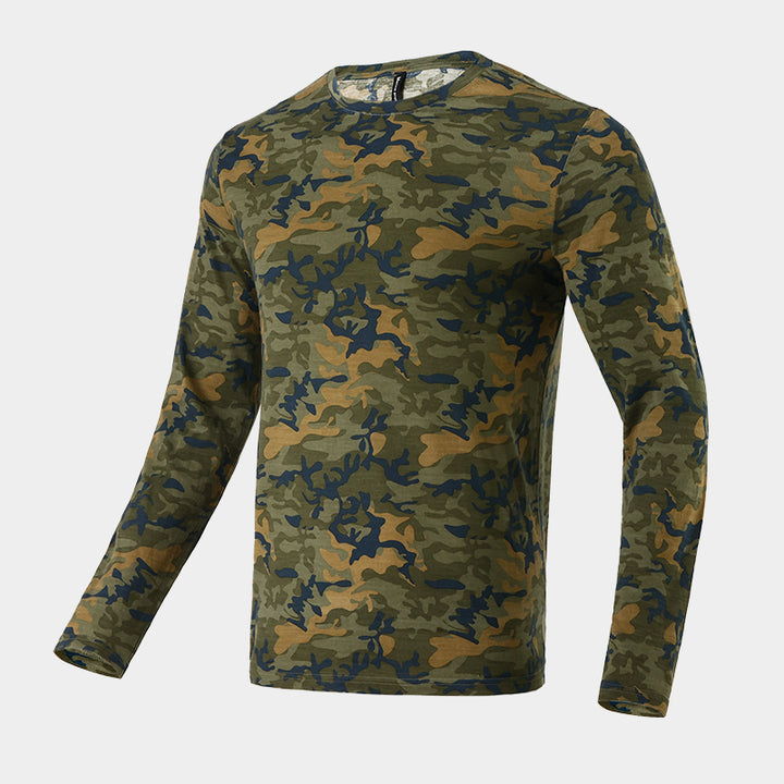 Male model wearing a lightweight Merino wool long sleeve crew base layer top, breathable and comfortable, shown in Camo.