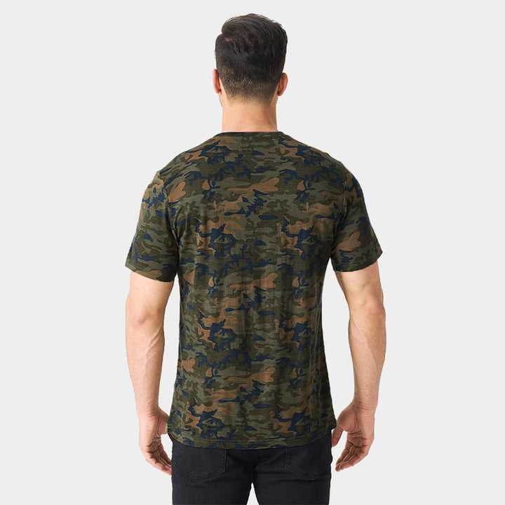 Male model wearing a lightweight Merino wool short sleeve crew t-shirt, breathable and moisture-wicking, shown in camo.