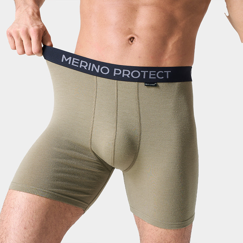 Men’s lightweight 180g Merino wool boxer brief, breathable, moisture-wicking, odor-resistant, ideal for hiking, camping, and long-distance travel