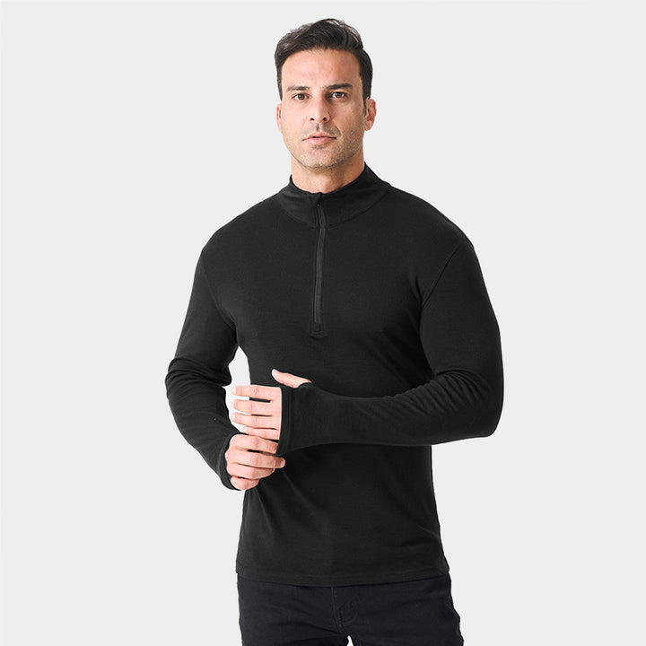 Male model wearing black Men’s 250g Merino wool long sleeve half zip top, breathable and moisture-wicking for warmth and outdoor comfort.