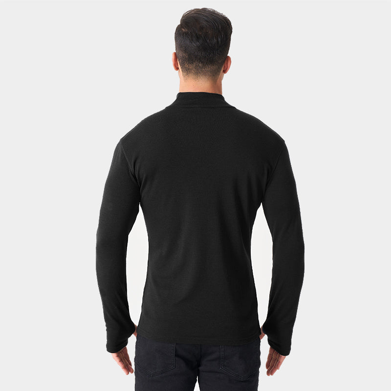 Male model wearing black Men’s 250g Merino wool long sleeve half zip top, breathable and moisture-wicking for warmth and outdoor comfort.