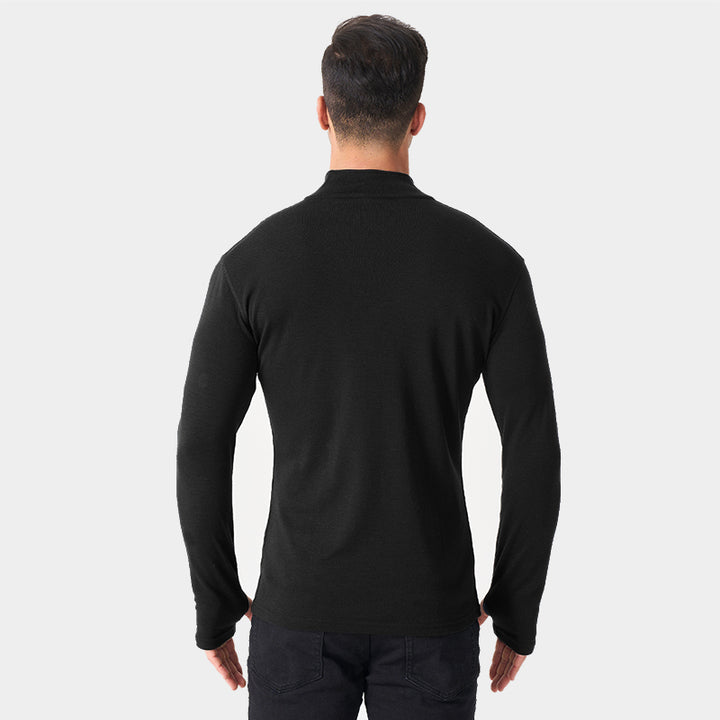 Male model wearing black Men’s 250g Merino wool long sleeve half zip top, breathable and moisture-wicking for warmth and outdoor comfort.