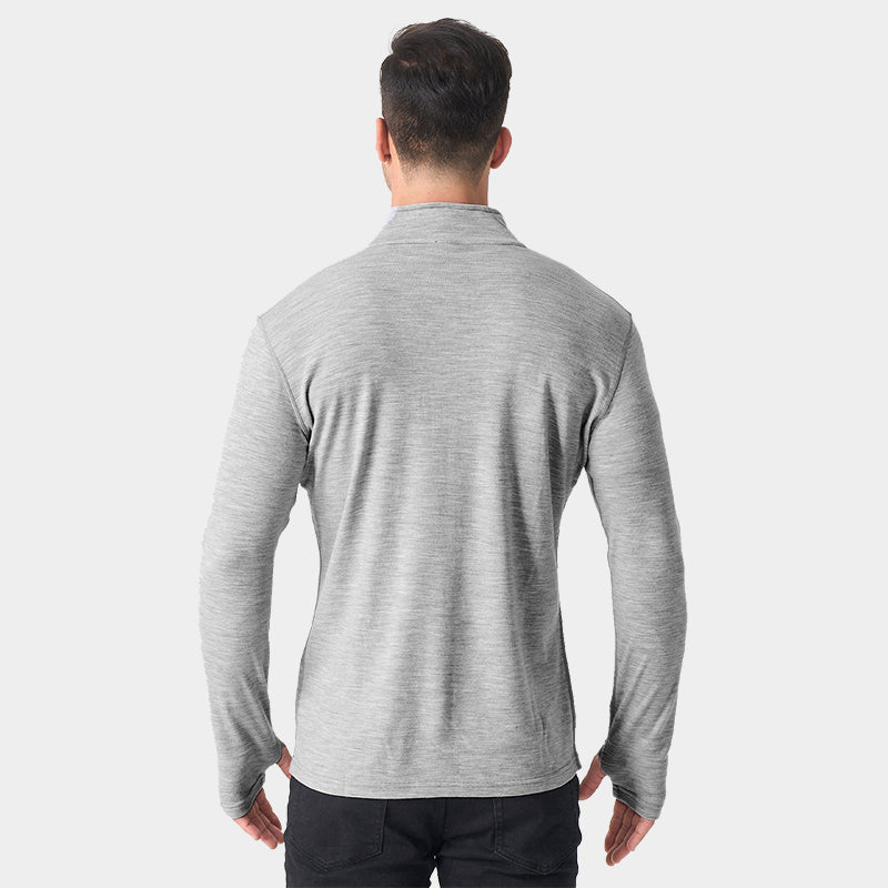 Male model wearing Light Grey Heather Men’s 250g Merino wool long sleeve half zip top, breathable and moisture-wicking for warmth and outdoor comfort.