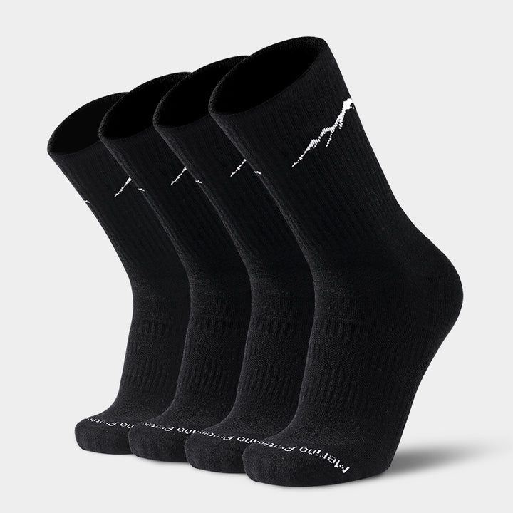 Cushioned Merino hiking crew socks that keep feet dry, fresh, and comfortable during long hikes, camping, trekking, and other outdoor activities

