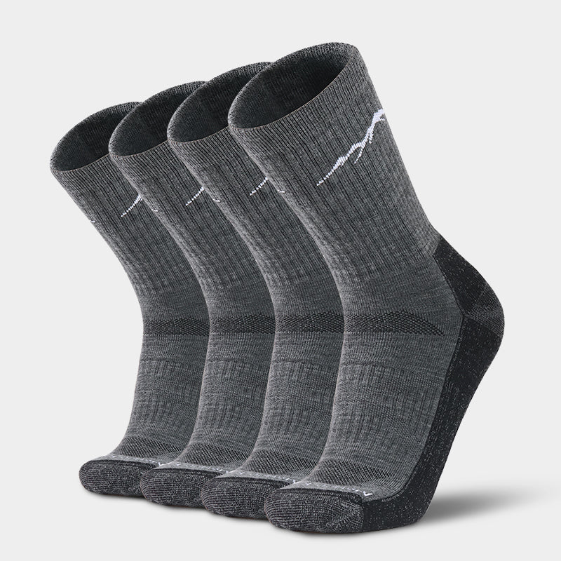 Cushioned Merino hiking crew socks that keep feet dry, fresh, and comfortable during long hikes, camping, trekking, and other outdoor activities
