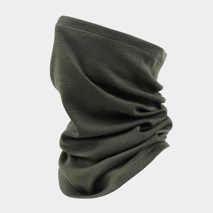 Unisex Merino wool 250g neck gaiter in army green, warm breathable face and neck protection for cold weather