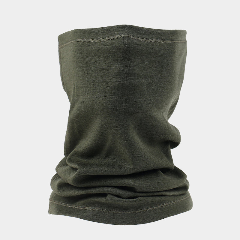 Unisex Merino wool 250g neck gaiter in army green, warm breathable face and neck protection for cold weather