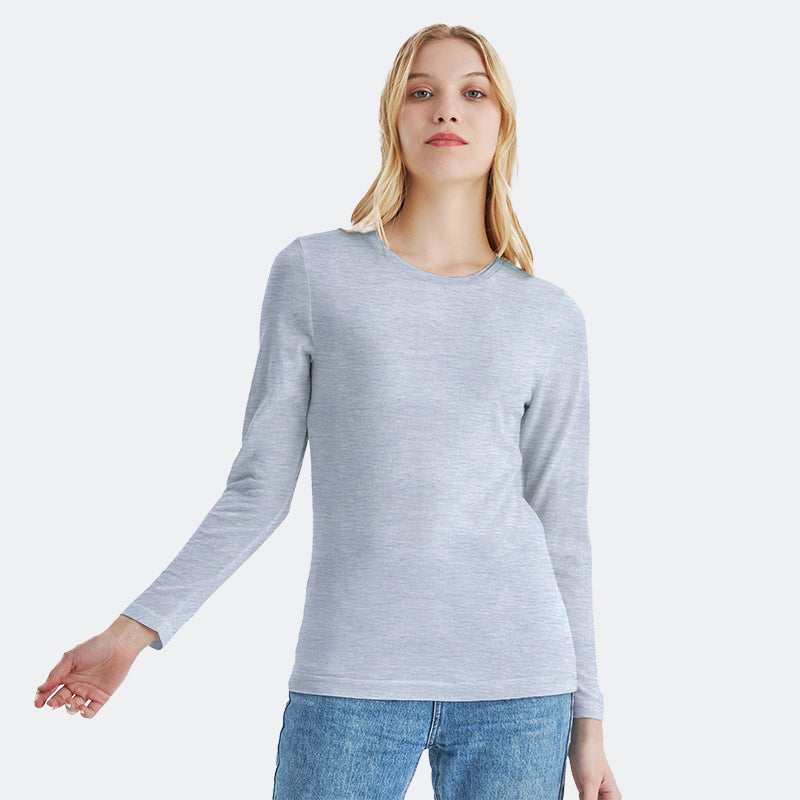 Famel model wearing a lightweight Merino wool long sleeve crew base layer top, breathable and comfortable, shown in grey heather.