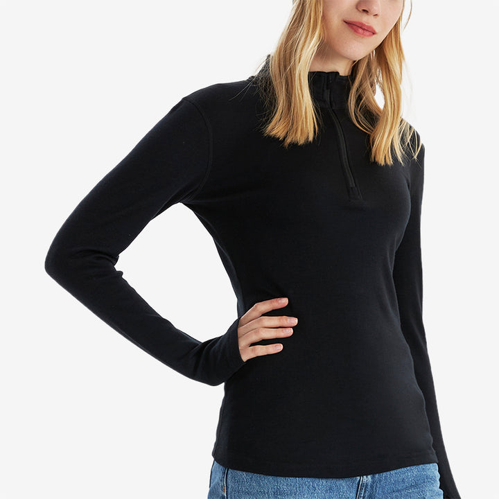Famel  model wearing black Men’s 250g Merino wool long sleeve half zip top, breathable and moisture-wicking for warmth and outdoor comfort.