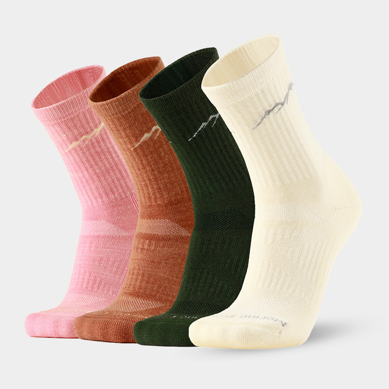 Cushioned Merino hiking crew socks that keep feet dry, fresh, and comfortable during long hikes, camping, trekking, and other outdoor activities
