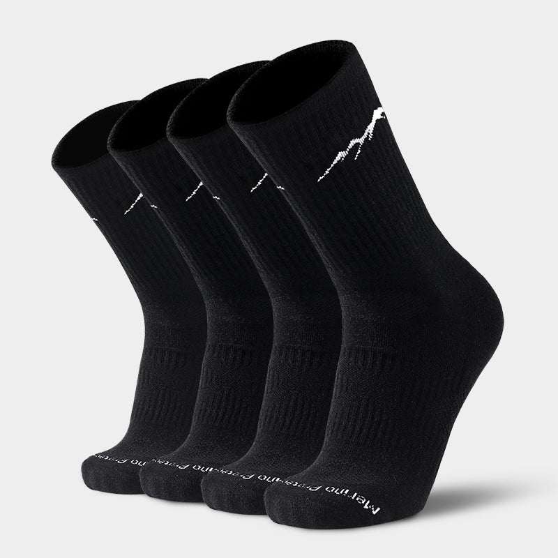 Cushioned Merino hiking crew socks that keep feet dry, fresh, and comfortable during long hikes, camping, trekking, and other outdoor activities

