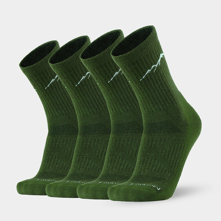 Cushioned Merino hiking crew socks that keep feet dry, fresh, and comfortable during long hikes, camping, trekking, and other outdoor activities

