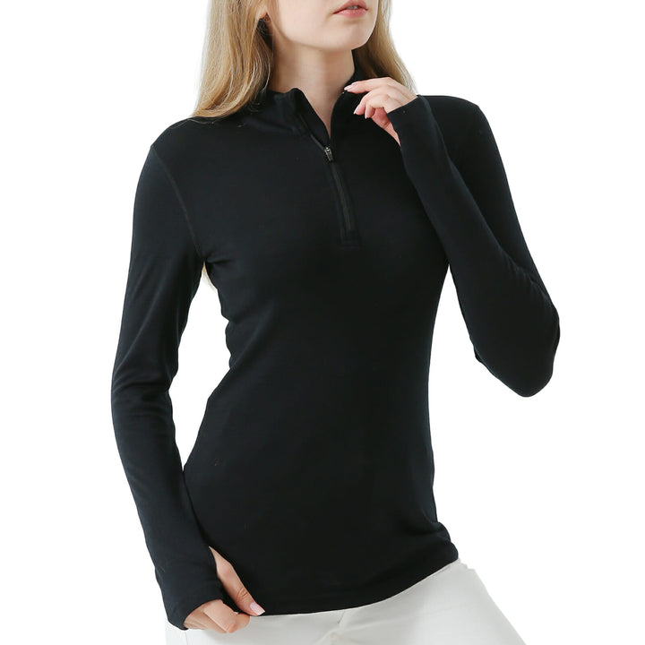Women’s  100% Merino Wool 1/4 Zip Pullover Black - MT09