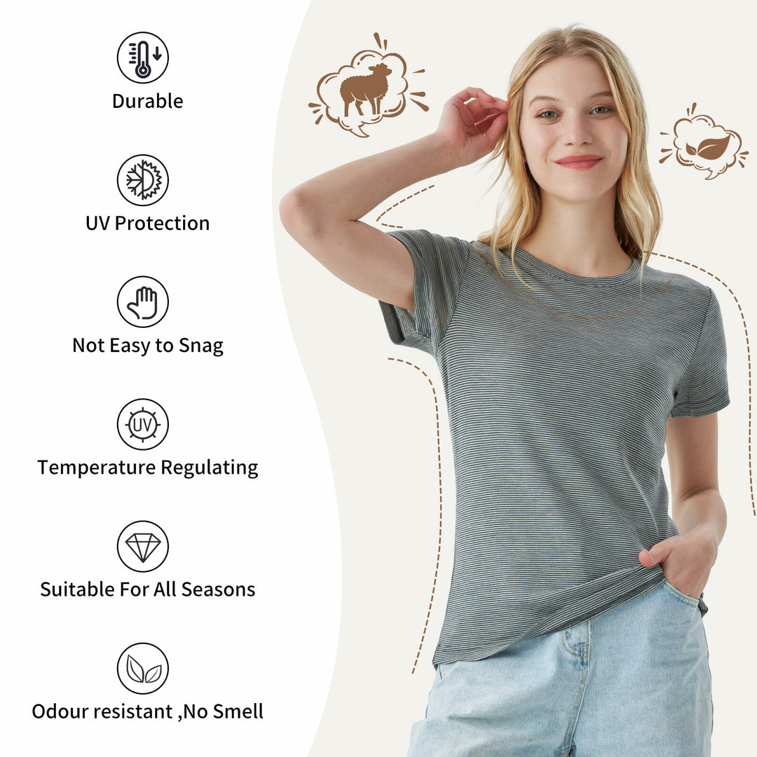 Women’s  100% Merino Wool T-Shirt Dusty Teal Stripes - MT34