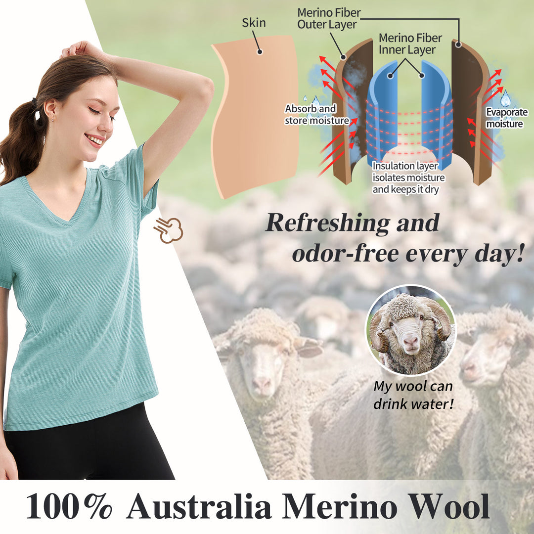 Women’s 100% Merino Wool V Neck T-Shirt Light Dusty Teal Stripes - MT35