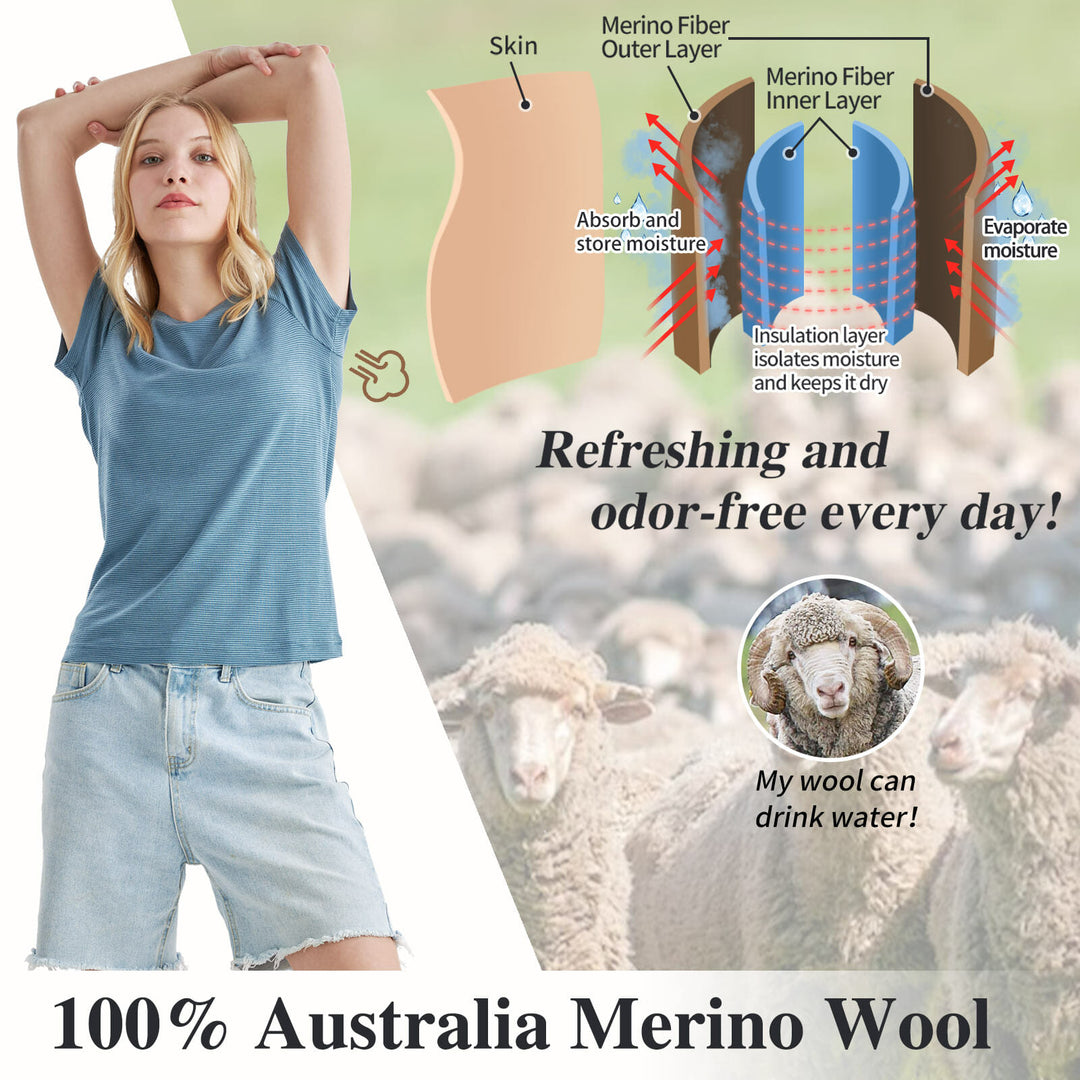 Women’s 100% Merino Wool T-Shirt Blue Gray Stripes - MT34