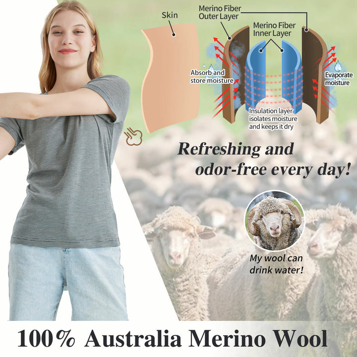 Women’s  100% Merino Wool T-Shirt Dusty Teal Stripes - MT34