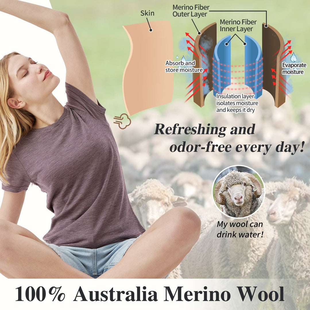 Women’s 100% Merino Wool T-Shirt Fig Gray Stripes - MT34