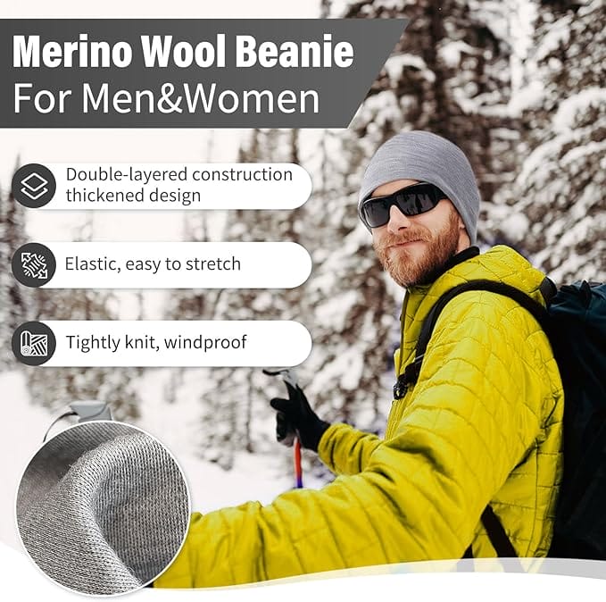 Unisex 100% Merino Wool Beanie Heather Grey - MT14