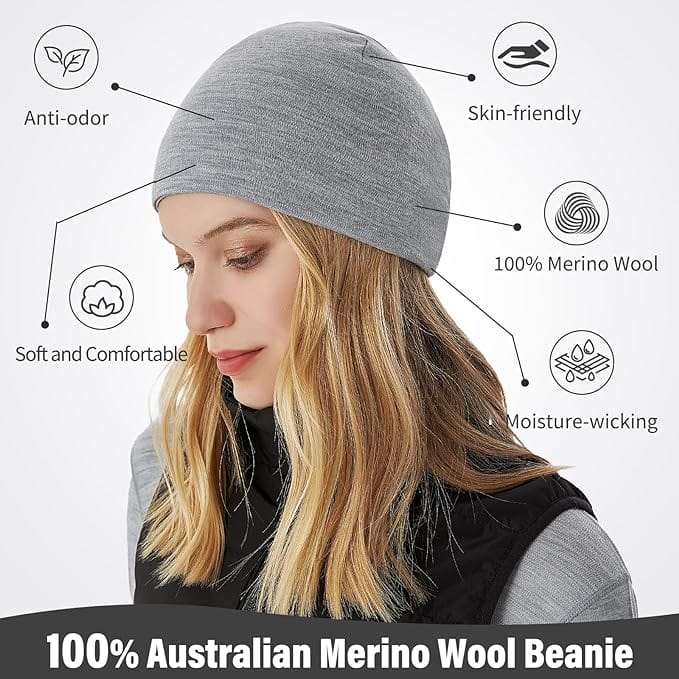 Unisex 100% Merino Wool Beanie Heather Grey - MT14