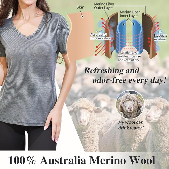 Women’s 100% Merino Wool V Neck T-Shirt Dusty Teal Stripes - MT35
