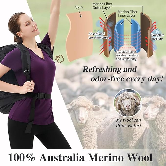 Women’s 100% Merino Wool V Neck T-Shirt Dark Purple - MT10