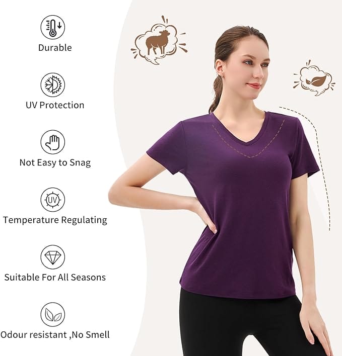 Women’s 100% Merino Wool V Neck T-Shirt Dark Purple - MT10