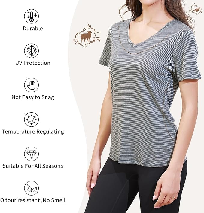 Women’s 100% Merino Wool V Neck T-Shirt Dusty Teal Stripes - MT35