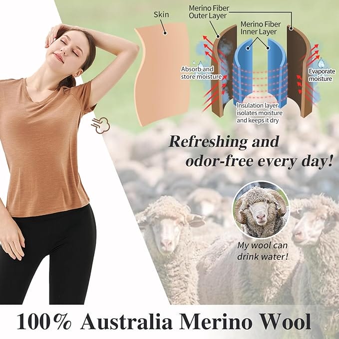 Women’s 100% Merino Wool V Neck T-Shirt Caramel - MT10