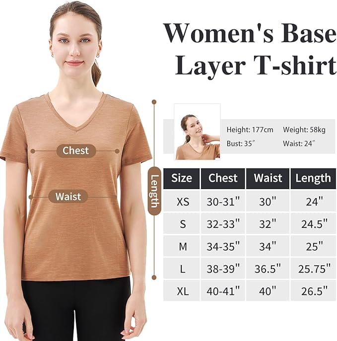 Women’s 100% Merino Wool V Neck T-Shirt Caramel - MT10