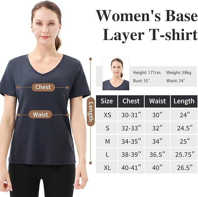 Women’s 100% Merino Wool V Neck T-Shirt Black Grey Stripes - MT35