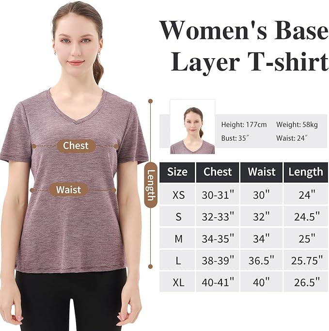 Women’s  100% Merino Wool V Neck T-Shirt Fig Grey Stripes - MT35